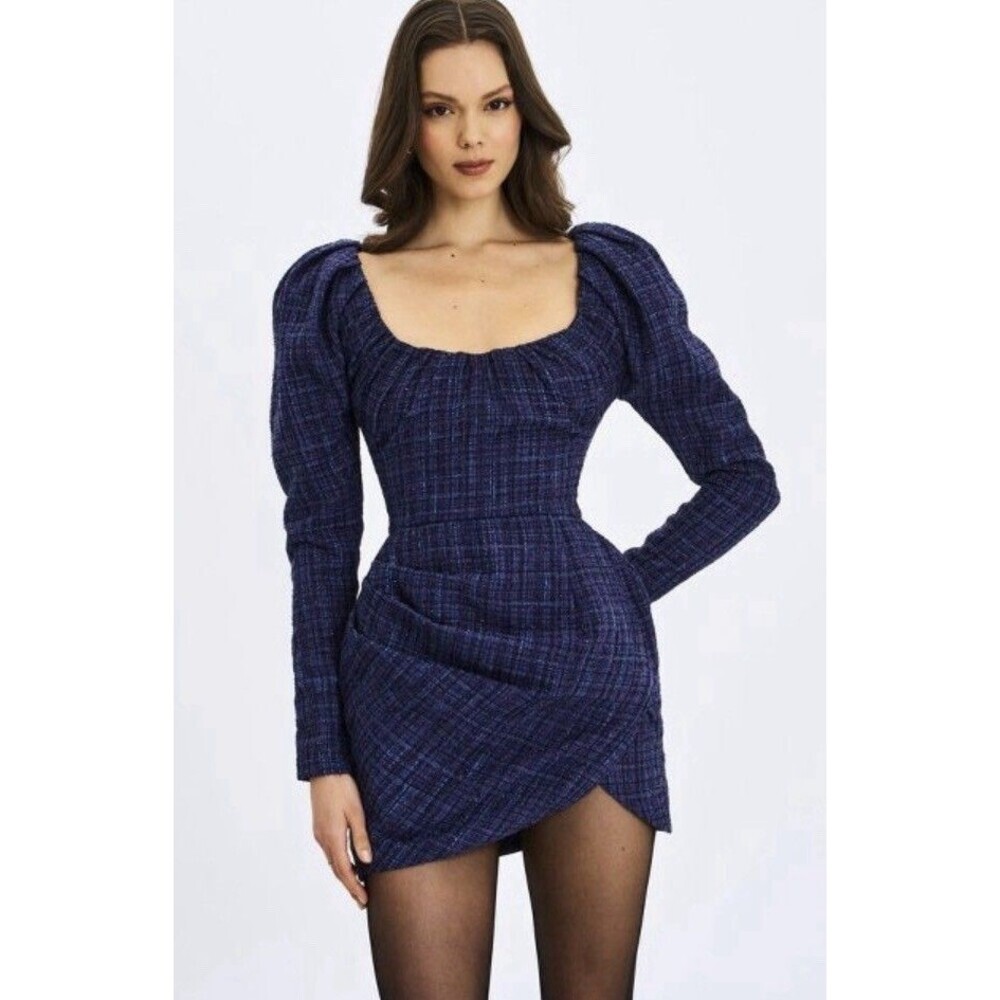 MISS CIRCLE Denise Navy Tweed Ruched Puff Sleeve Mini Dress Medium Lined Party
